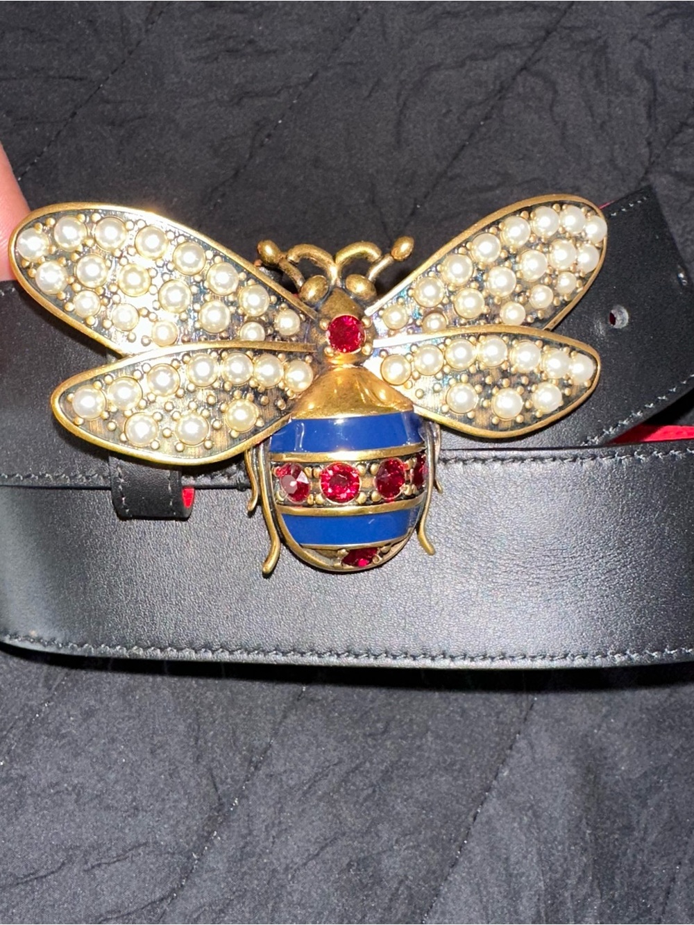 Gucci Black Leather Belt with Gold Bee Buckle and Blue & Red Accents - Picture 5 of 5